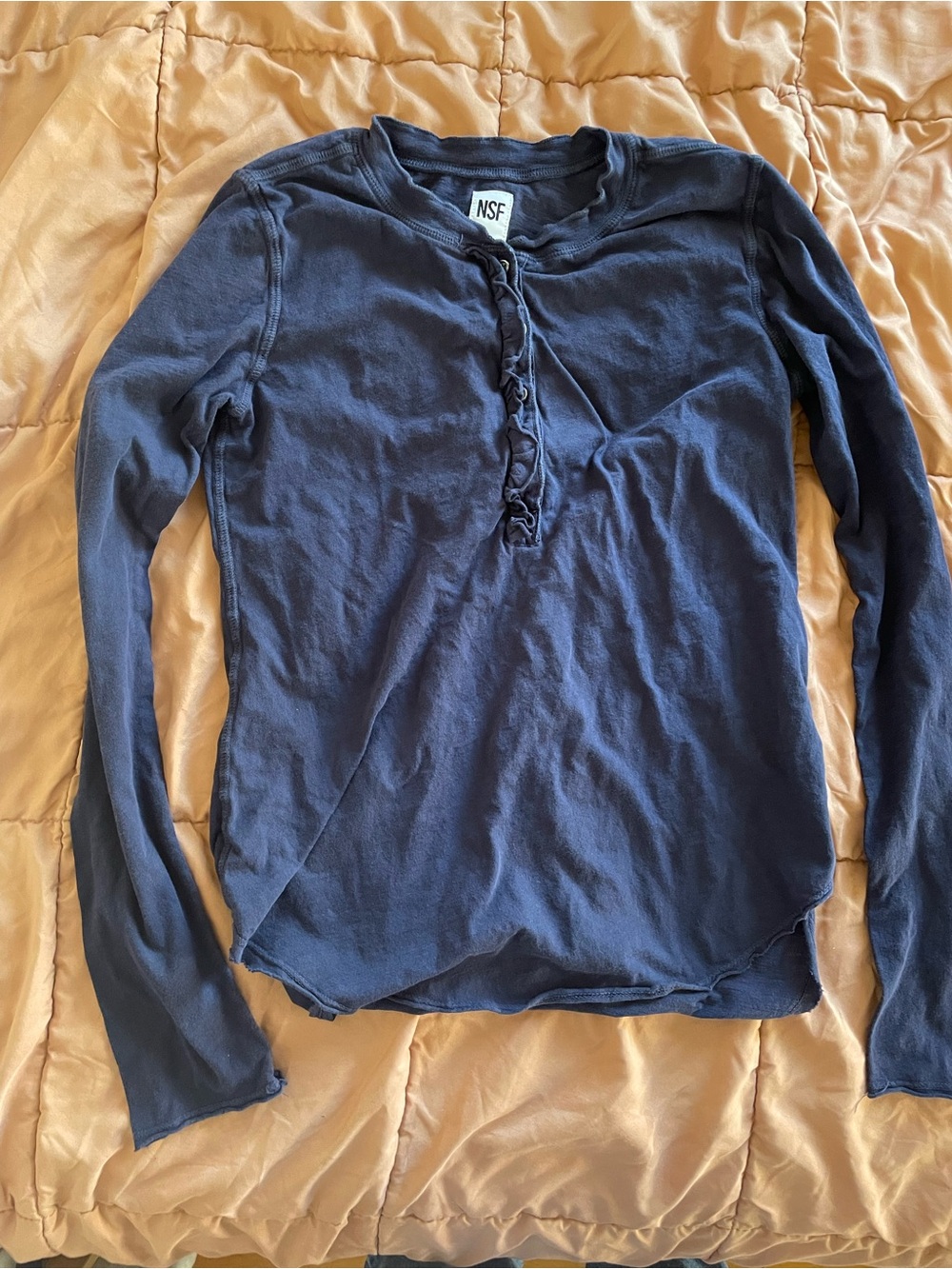 NSF Navy Long-Sleeve Ruffled Henley Top